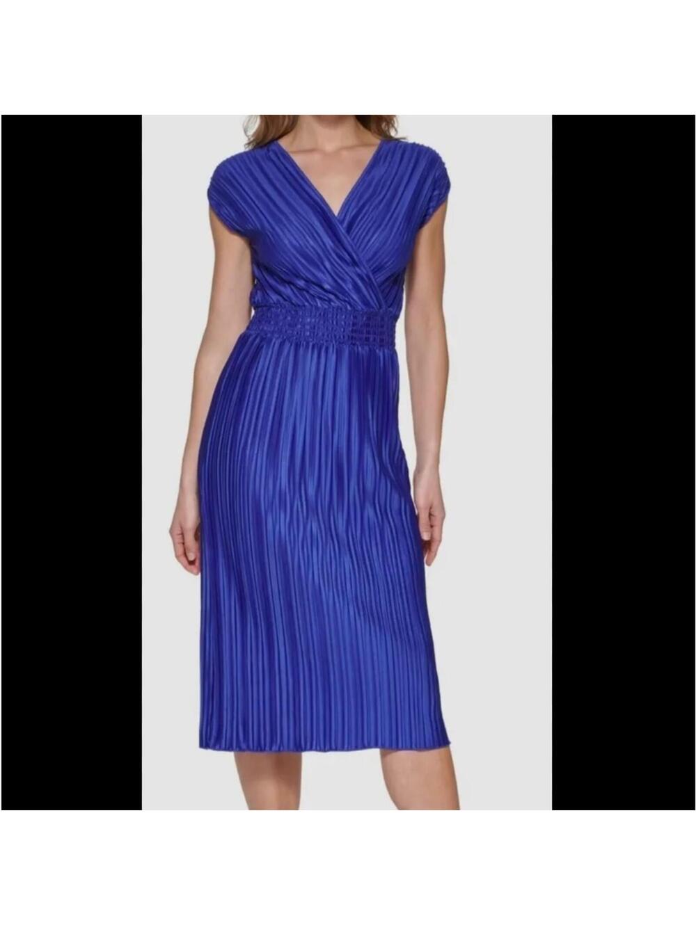 DKNY Royal Blue Pleated Midi Dress with Smocked Waist